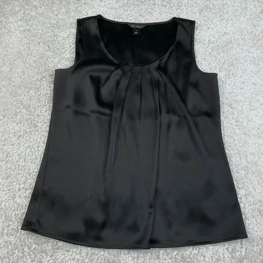 St. John Black Charmeuse Drape Front Tank